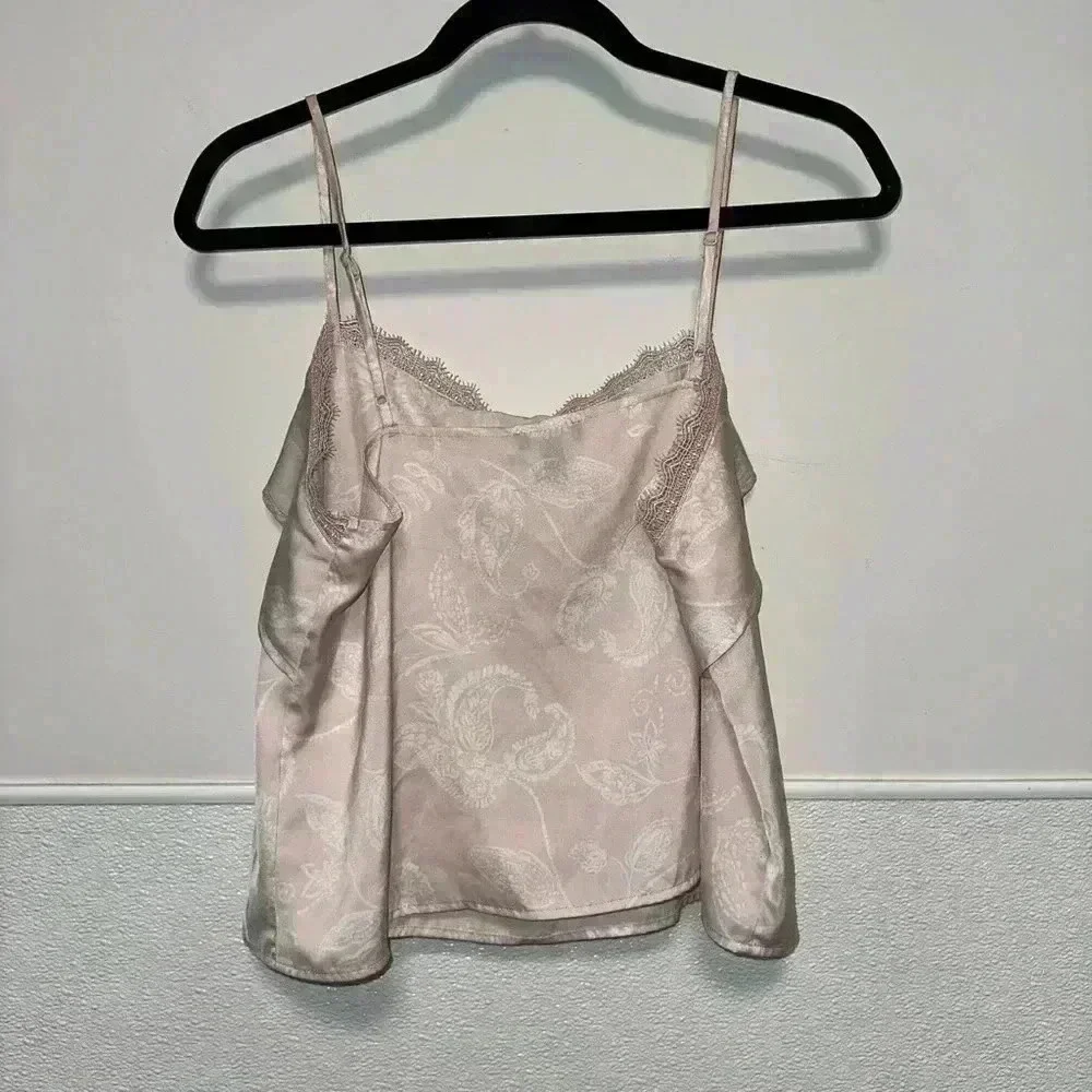 Women's Express Cami, Size M, Pink Blush with Floral Silky Polyester ruffles - Picture 9 of 10
